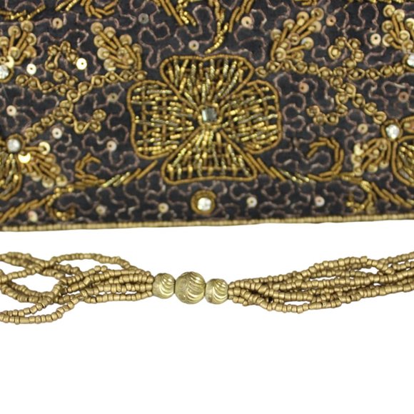 Vintage-Inspired Beaded Clutch Shoulder Bag Black Gold Zipper Closure PU82 - Picture 3 of 11